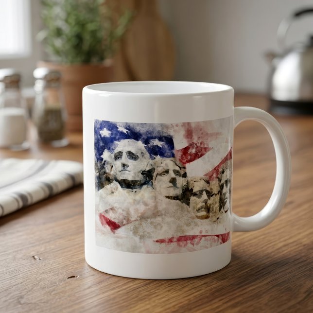 Mount Rushmore Watercolor with American Flag Coffee Mug (Mount Rushmore Watercolor with American Flag. Coffee Mug)