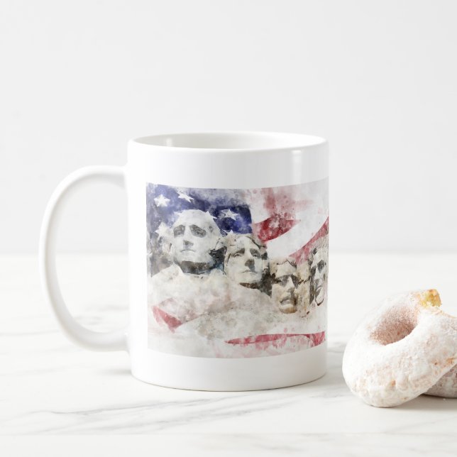 Mount Rushmore with American flag waving Coffee Mug (With Donut)