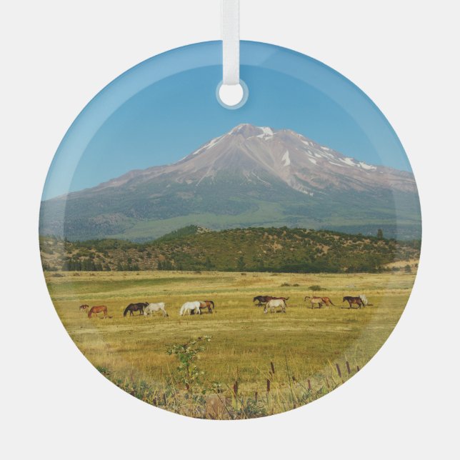 Mount Shasta Horse Herd Glass Tree Decoration (Front)