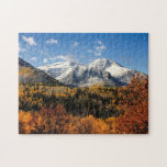 Mount Timpanogos in Autumn Utah Mountains Jigsaw Puzzle<br><div class="desc">A puzzle with breathtaking Utah landscape photograph of  Mt. Timpanogos in the Fall . A beautiful snow capped mountain surrounded by autumn trees with leaves in warm yellows and golds and a vibrant blue sky with wisps of puffy clouds.</div>