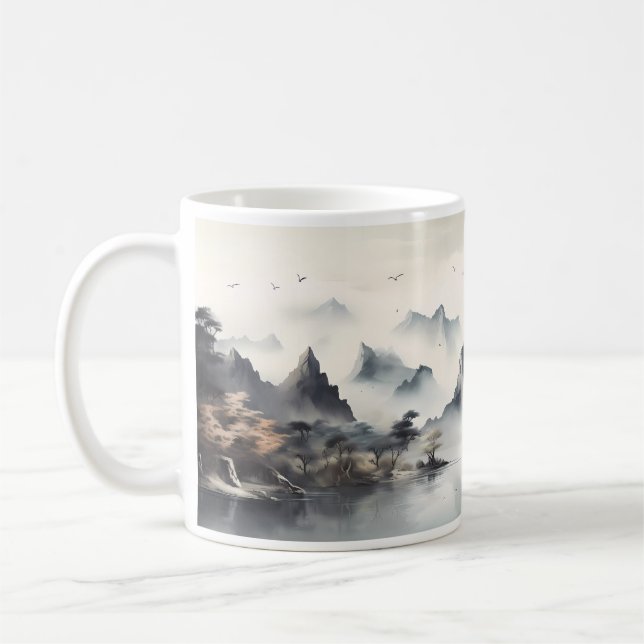 Mountai, Hill, Fog, And River Coffee Mug (Left)