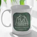Mountain Adventure Begins Green Chalkboard Wedding Coffee Mug<br><div class="desc">Savour the start of your journey together with our enchanting Mountain Adventure Begins Green Chalkboard Wedding Coffee Mug! Embrace the spirit of adventure and love with our captivating mug, featuring a charming logo adorned with majestic mountains, swaying palm trees, and a heart symbol, alongside the elegant quote 'And So Our...</div>