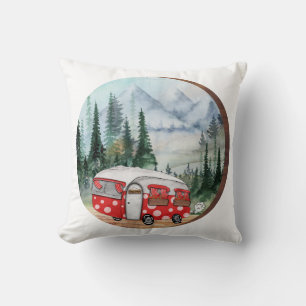 Mountain Adventure Camper Illustration Cushion