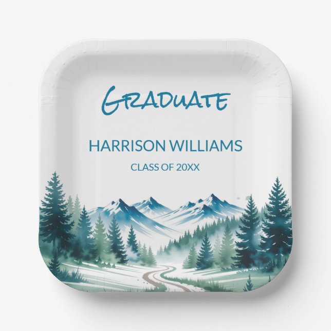 Mountain Adventure Grad Party Look Paper Plate (Front)