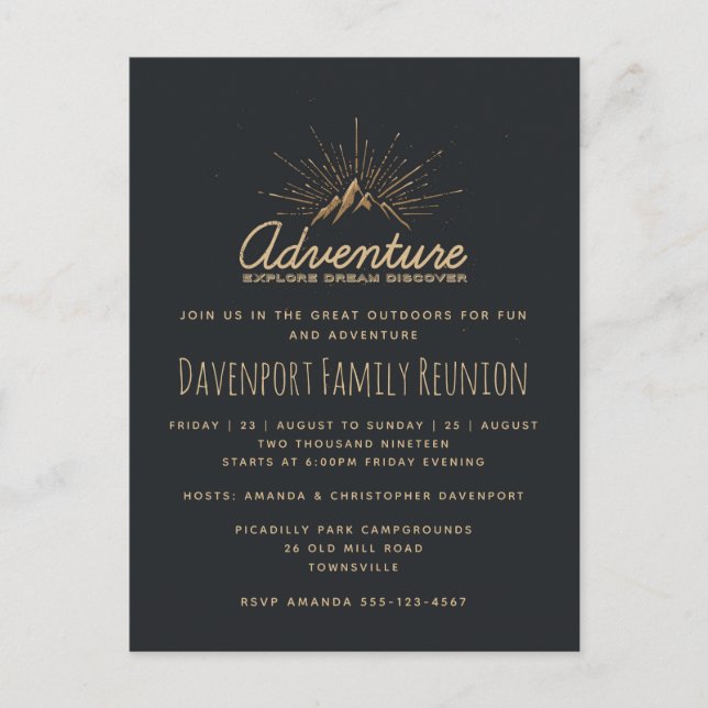 Mountain Adventure Rustic Family Reunion Invite Postcard (Front)