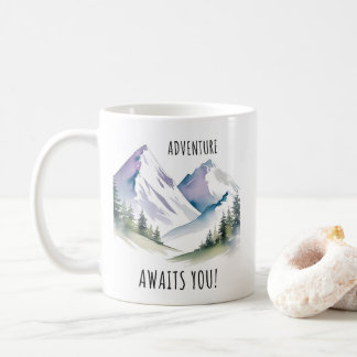 mountain art, wanderlust, adventure awaits, travel coffee mug