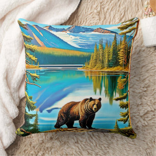 Mountain Bear: Lake Reflection Art Cushion