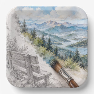 Mountain Bench Emerging from Sketch to Painting Paper Plate