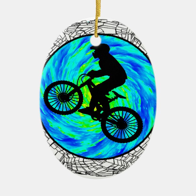 MOUNTAIN BIKE TRACKED CERAMIC TREE DECORATION (Front)
