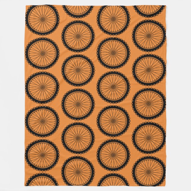 Mountain Bike Wheel - Black on Orange Fleece Blanket (Front)