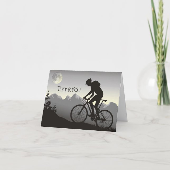 Mountain Biker Biking Mountains with Full Moon Thank You Card (Front)