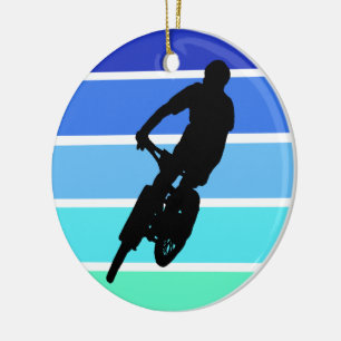 Mountain Biker on Retro Blue-Green Stripes Ceramic Ornament