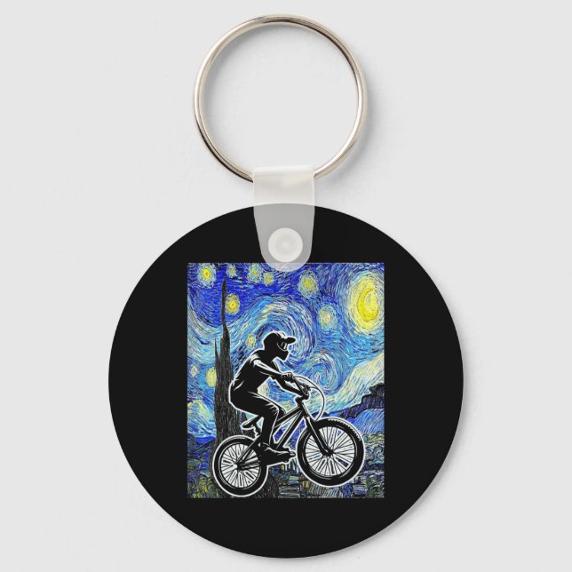 Mountain Biker Starry Night Mtb Van Gogh Mountain  Key Ring (Front)