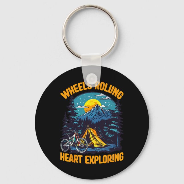 Mountain Biking Adventure Camping Wheels Rolling E Key Ring (Front)