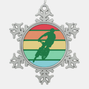 Mountain Biking in the Snow Retro Striped ornament