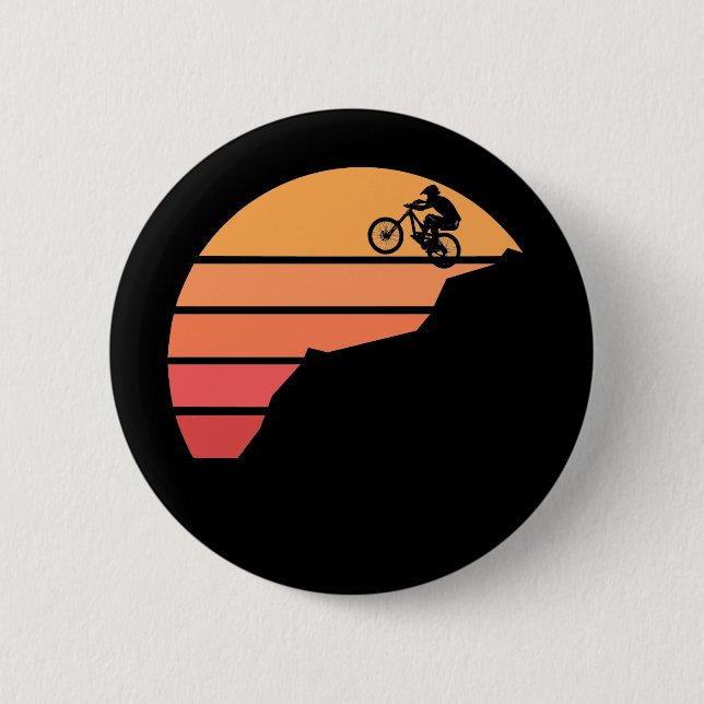 Mountain biking in the susnset 6 cm round badge (Front)