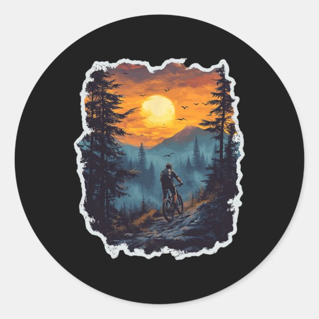 Mountain Biking Midnight Trail Forest Sunset Mt Bi Classic Round Sticker (Front)