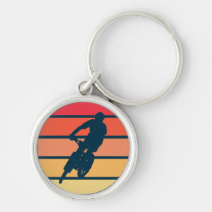 Mountain Biking on Retro Sunset Stripe keychain