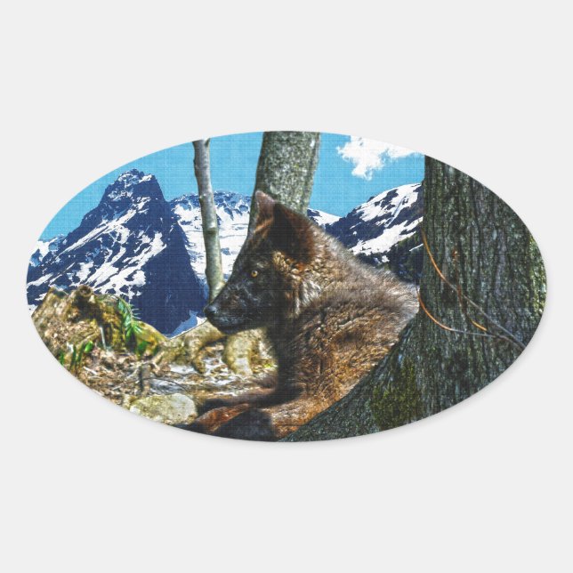 Mountain Black Wolf Resting by Trees Wildlife Art Oval Sticker (Front)