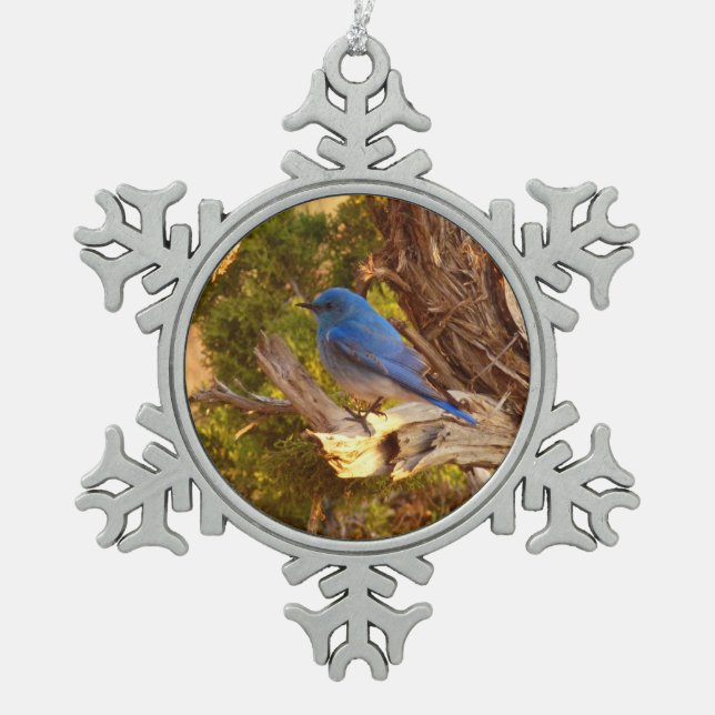 Mountain Bluebird at Arches National Park Snowflake Pewter Christmas Ornament (Front)