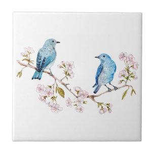 Mountain Bluebirds on Sakura Branch Ceramic Tile