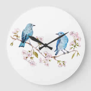Mountain Bluebirds on Sakura Branch Large Clock