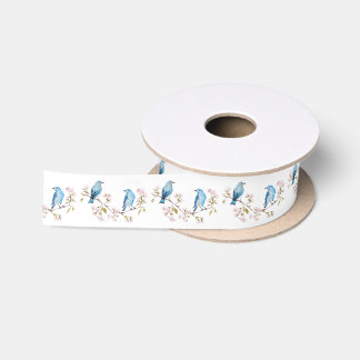 Mountain Bluebirds on Sakura Branch Satin Ribbon