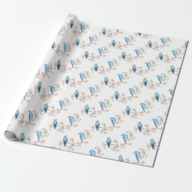 Mountain Bluebirds on Sakura Branch Wrapping Paper (Unrolled)
