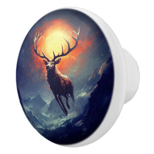Mountain Buck Running From Blazing Fire Ceramic Knob
