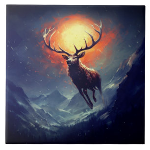 Mountain Buck Running From Blazing Fire Ceramic Tile