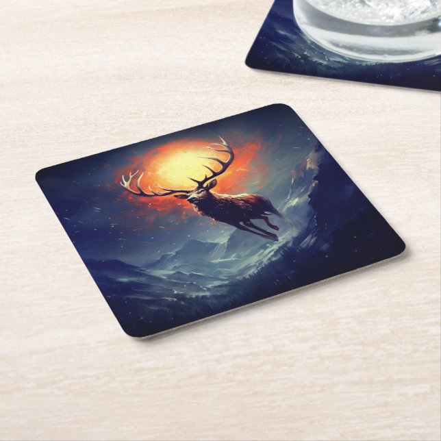 Mountain Buck Running From Blazing Fire   Square Paper Coaster (Angled)