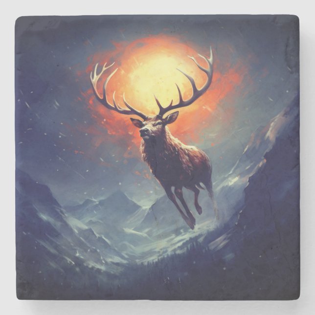 Mountain Buck Running From Blazing Fire   Stone Coaster (Front)