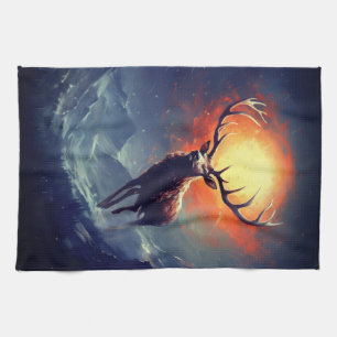 Mountain Buck Running From Blazing Fire Tea Towel