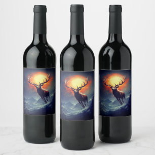 Mountain Buck Running From Blazing Fire   Wine Label
