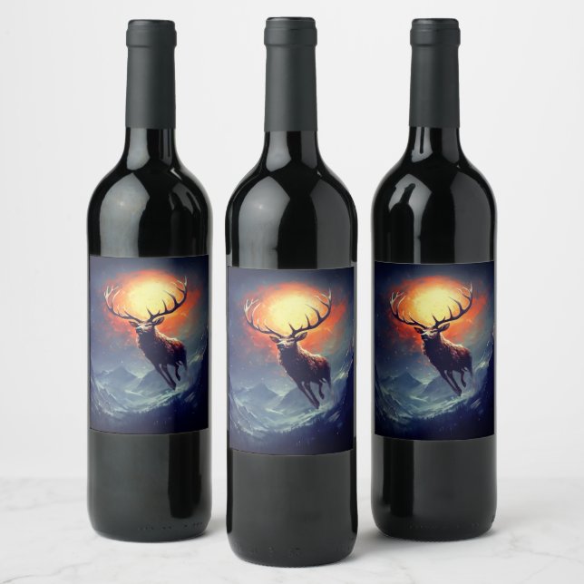 Mountain Buck Running From Blazing Fire   Wine Label (Bottles)