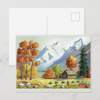 Mountain cabin autumn colors. painting. postcard