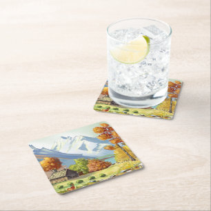 Mountain cabin autumn colors. painting. square paper coaster