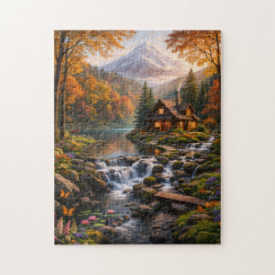 Mountain Cabin in Autumn Glow Serene Nature  Jigsaw Puzzle