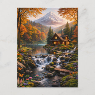 Mountain Cabin in Autumn Glow Serene Nature Postcard