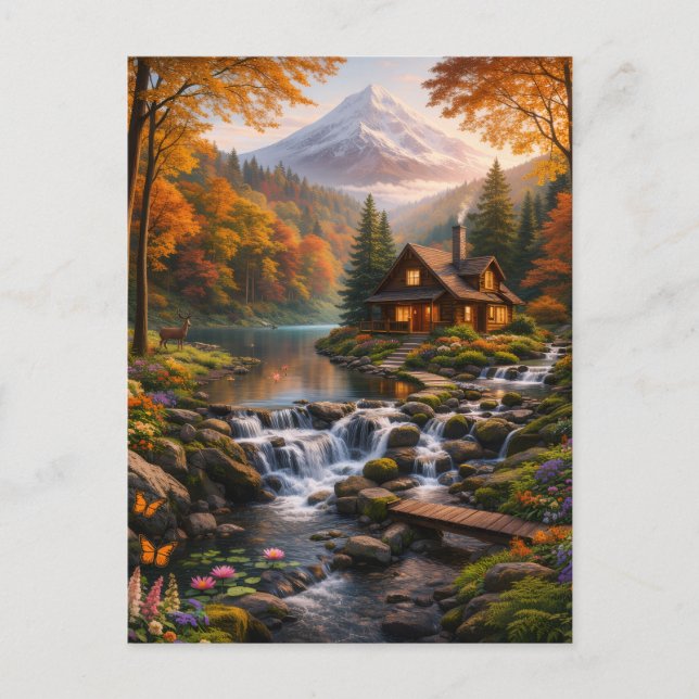 Mountain Cabin in Autumn Glow Serene Nature  Postcard (Front)
