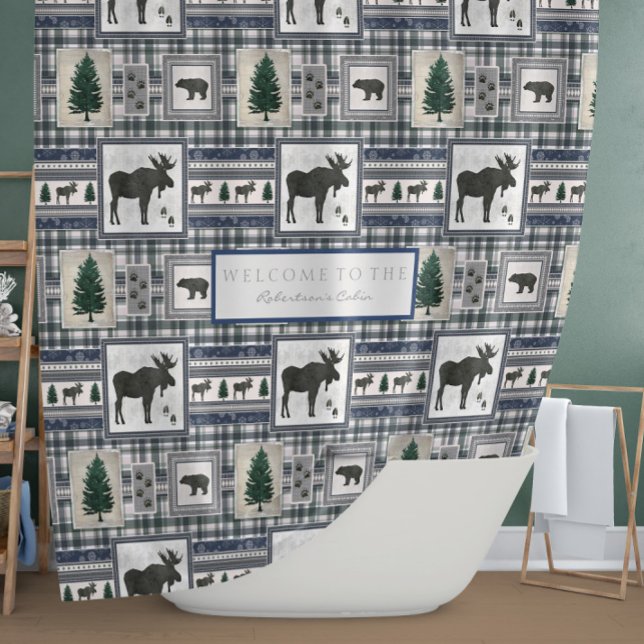 Mountain Cabin Moose Bear Trees Blue n Green Hygge Shower Curtain (Creator Uploaded)