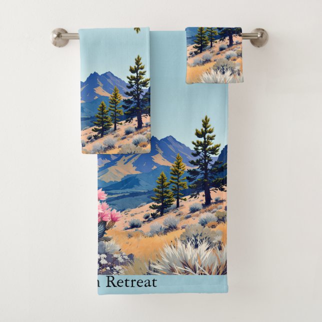 Mountain Cabin Personalize Text Vacation Home Bath Towel Set (Insitu)