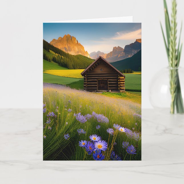 Mountain Cabin With Wildflowers For Birthday Card (Front)