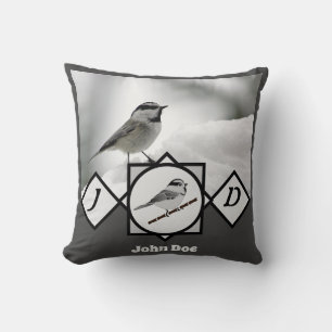 Mountain Chickadee Monogram Photo Name Cushion