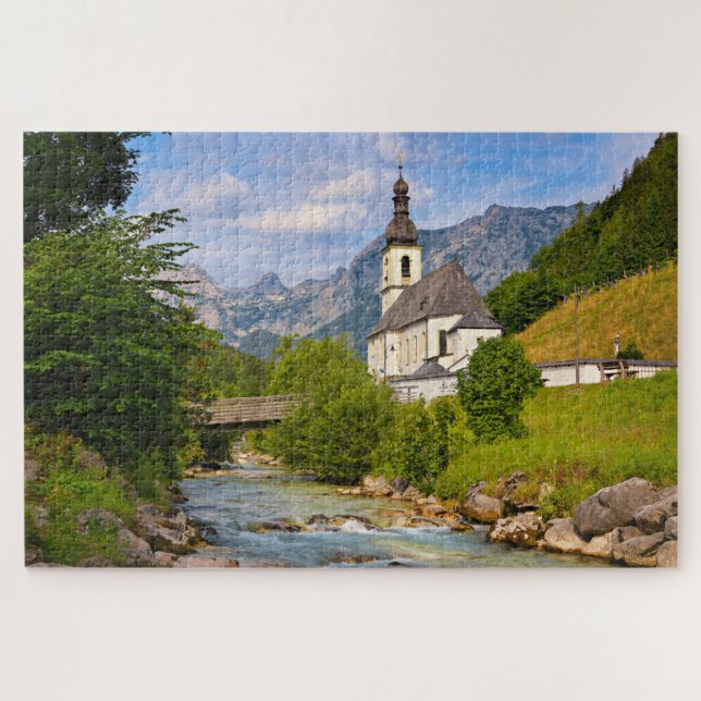 Mountain church with stream landscape jigsaw puzzle (Horizontal)