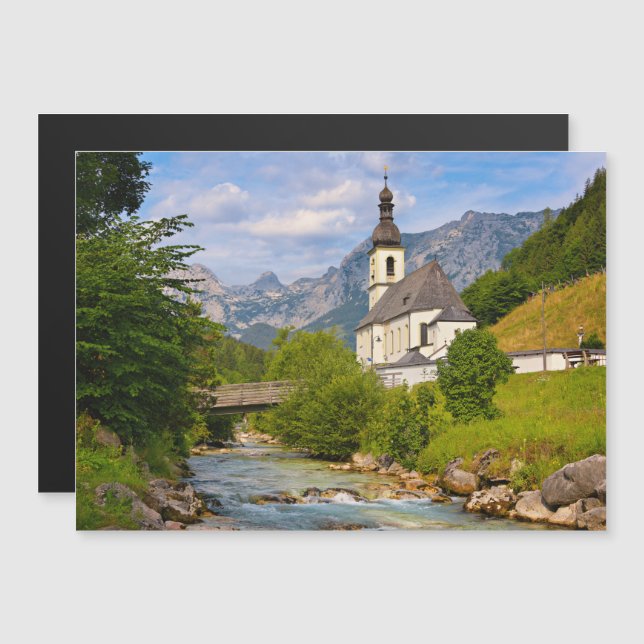 Mountain church with stream landscape magnetic invitation (Front/Back)