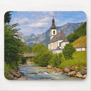 Mountain church with stream landscape mouse pad