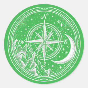 Mountain Compass Moon Celestial Dotwork Classic Round Sticker