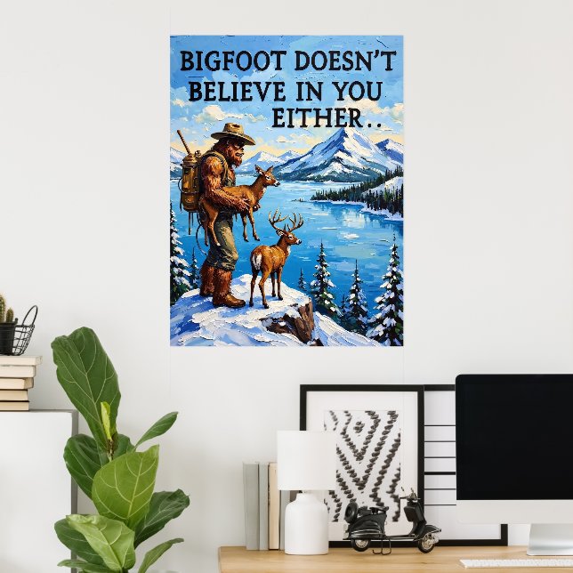 Mountain Contemplation: Sasquatch and the Fawn Poster (Home Office)