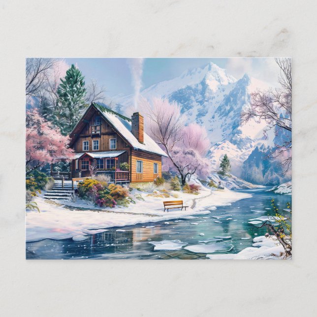 Mountain Cottage in Spring with Blossoms Postcard (Front)